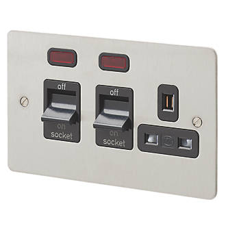 MK Edge 45A 2-Gang DP Cooker Switch & 13A DP Switched Socket Brushed Stainless Steel with Neon with Black Inserts