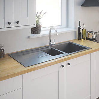 Plastic & Resin Kitchen Sink & Drainer Grey 1.5 Bowl Reversible 1000 x 500mm