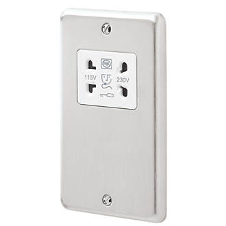 MK Albany Plus 2-Gang Dual Voltage Shaver Socket 115 / 230V Brushed Stainless Steel with White Inserts