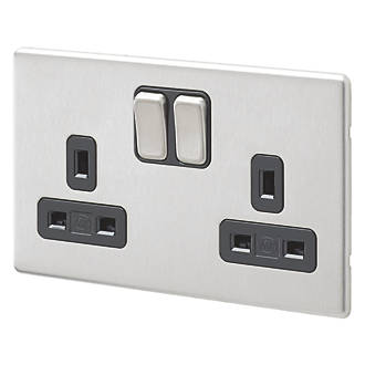 MK Aspect 13A 2-Gang DP Switched Plug Socket Brushed Stainless Steel  with Black Inserts
