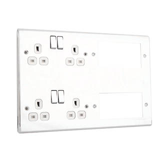 British General Nexus Metal 13A 4-Gang 2 x 2-Gang Combination Plate Polished Chrome with White Inserts