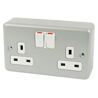 MK Metalclad Plus 13A 2-Gang DP Switched Metal Clad Plug Socket with White Inserts