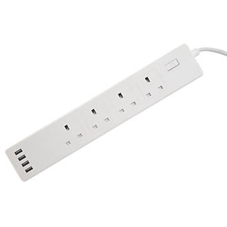 TCP 13A 4-Gang Switched  Smart Extension Lead + 5.1A 4G USB Charger White 1.8m