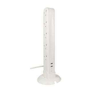 Masterplug 13A 10-Gang Unswitched Surge-Protected Tower Extension Lead + 2.1A 2G USB Charger White 1m